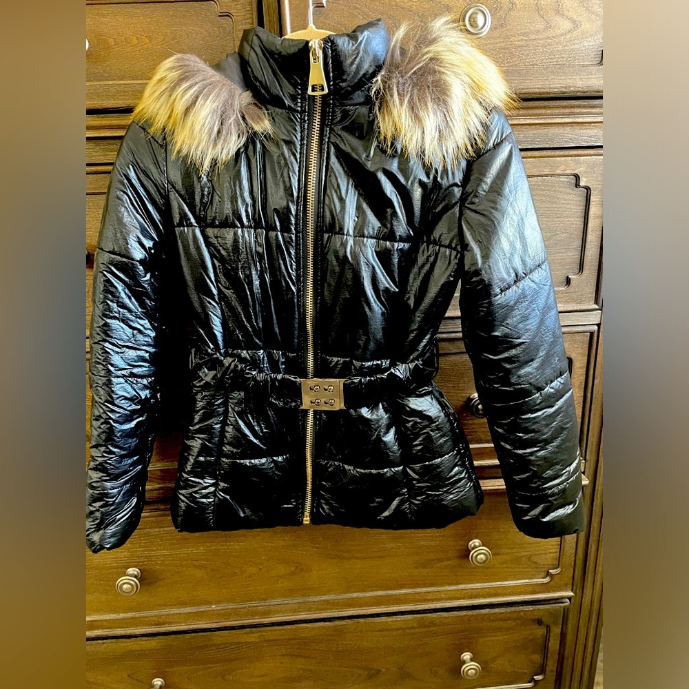 Girls' Black Puffer Jacket with Faux Fur Trim